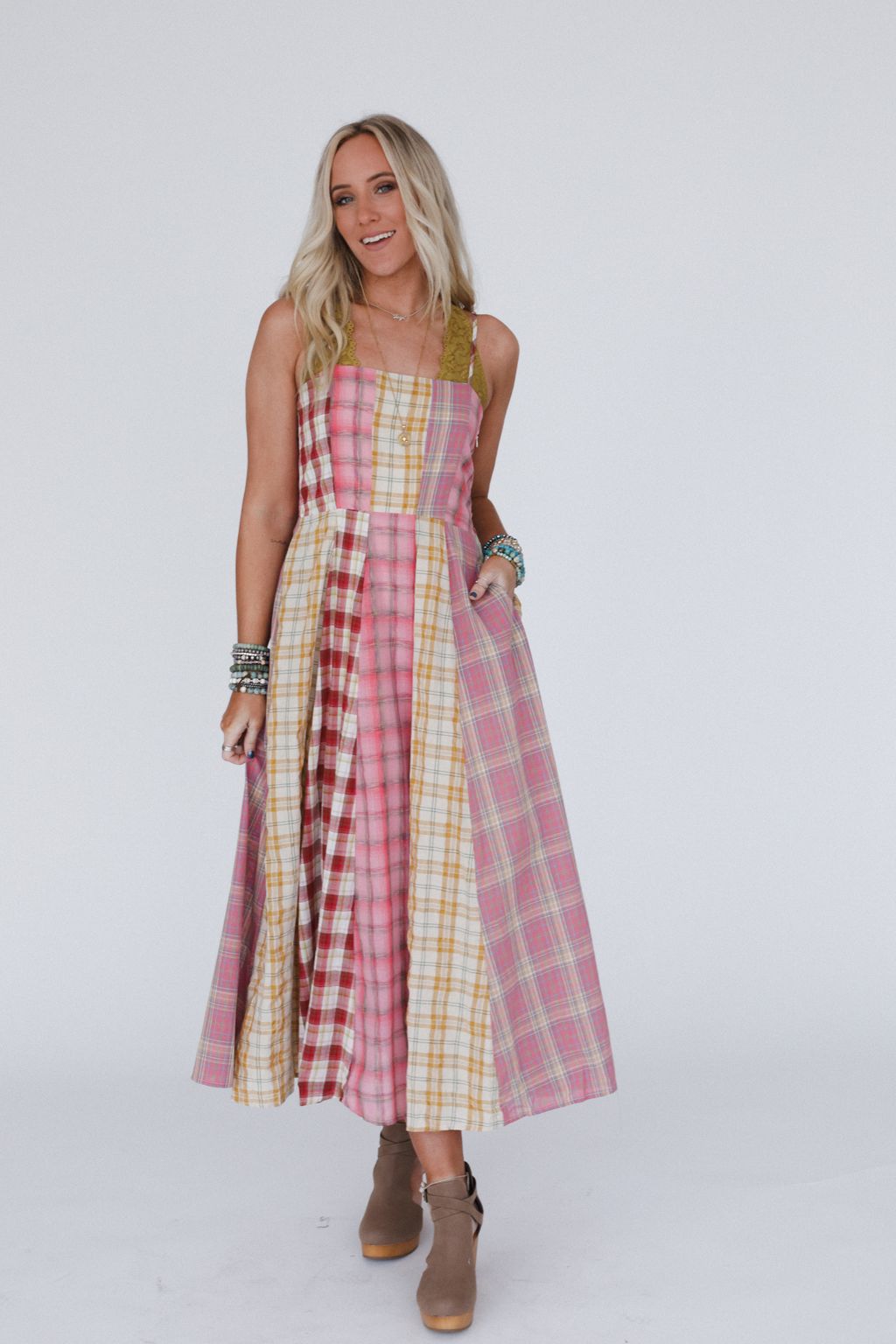 Western Charm Checkered Dress - Pink