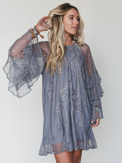Rana Bell Lace Sleeve Dress - Grey