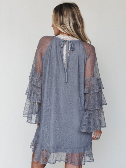 Rana Bell Lace Sleeve Dress - Grey