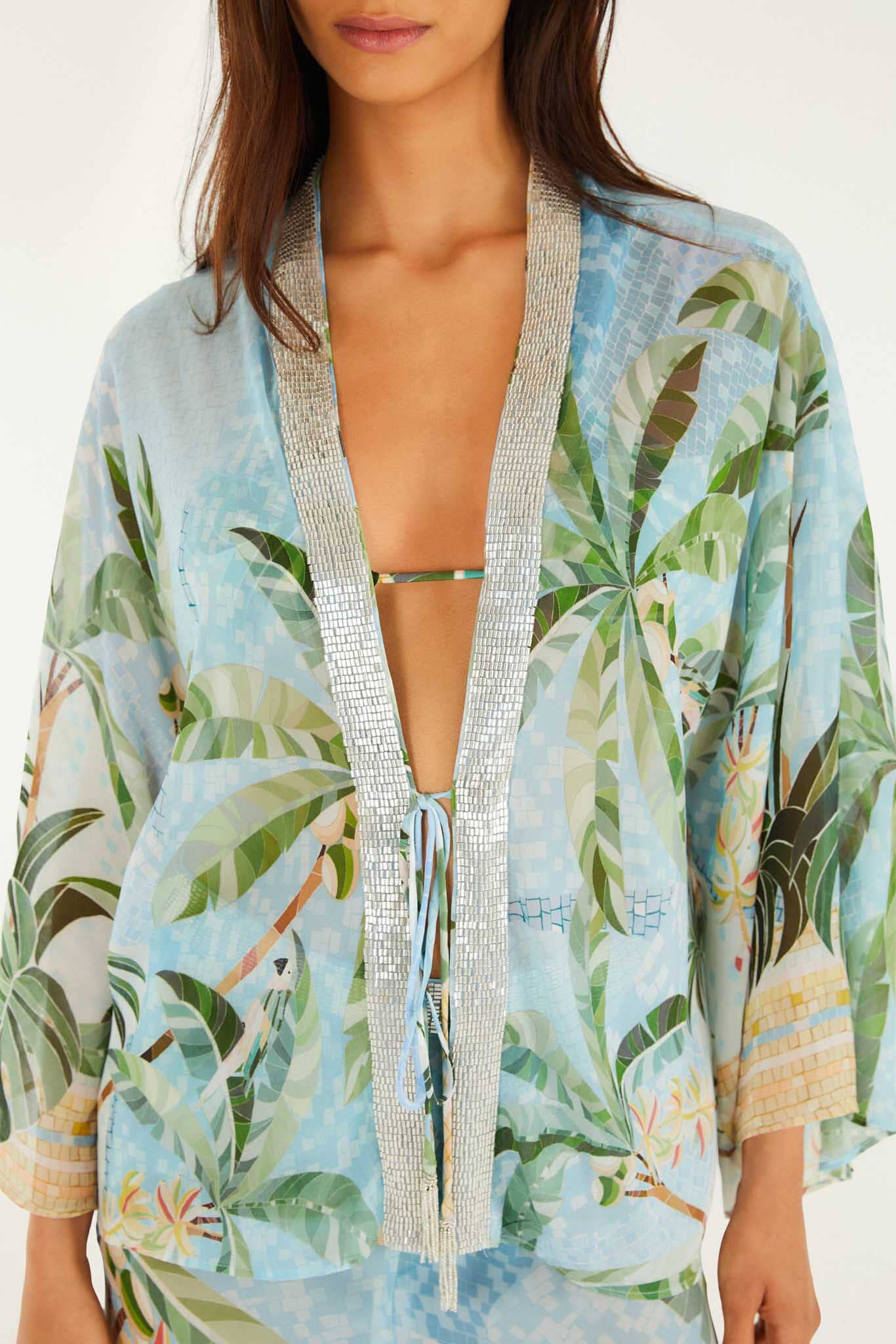 Blue Embroidered Open Front Kimono