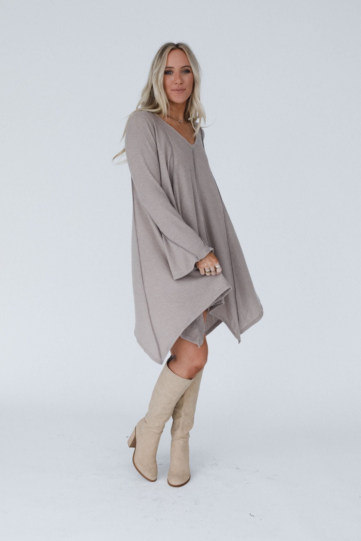 The Nest Golden Hour Long Bell Sleeve Tunic Dress - Latte
