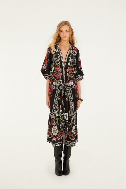 Black Rococo Flowers Belted Midi Dress