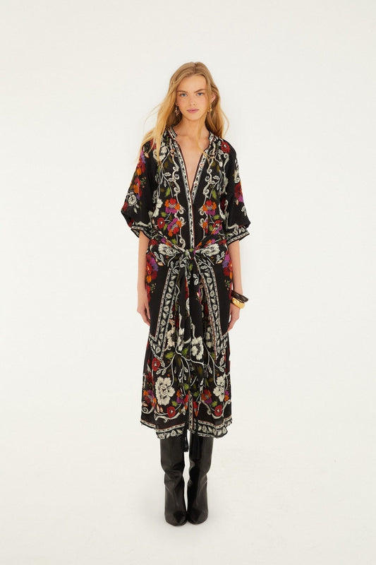 Black Rococo Flowers Belted Midi Dress