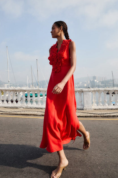 Red 3d Flower Maxi Dress