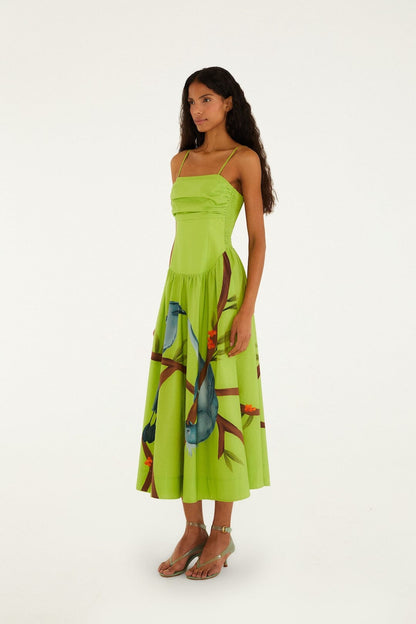 Green Birds Smocked Maxi Dress