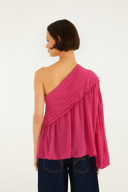 Pink 3d Rose One-Shoulder Blouse