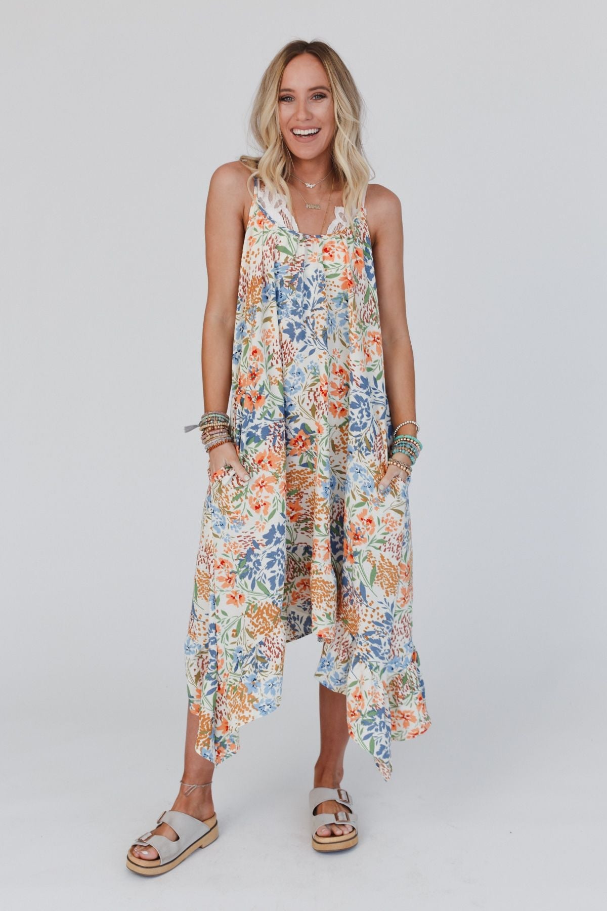 The Nest Ellie Ruffle Midi Dress - Brown Floral