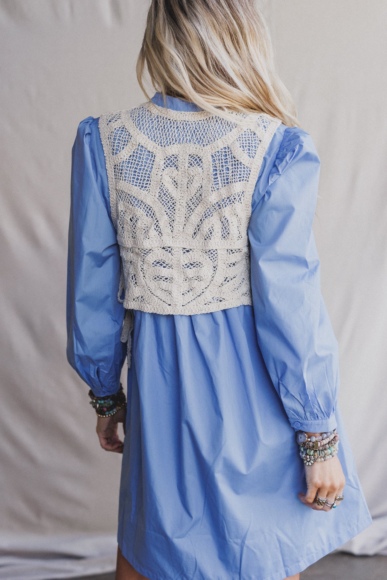 Sweet Edge Crochet Vest Tunic Dress - Light Blue