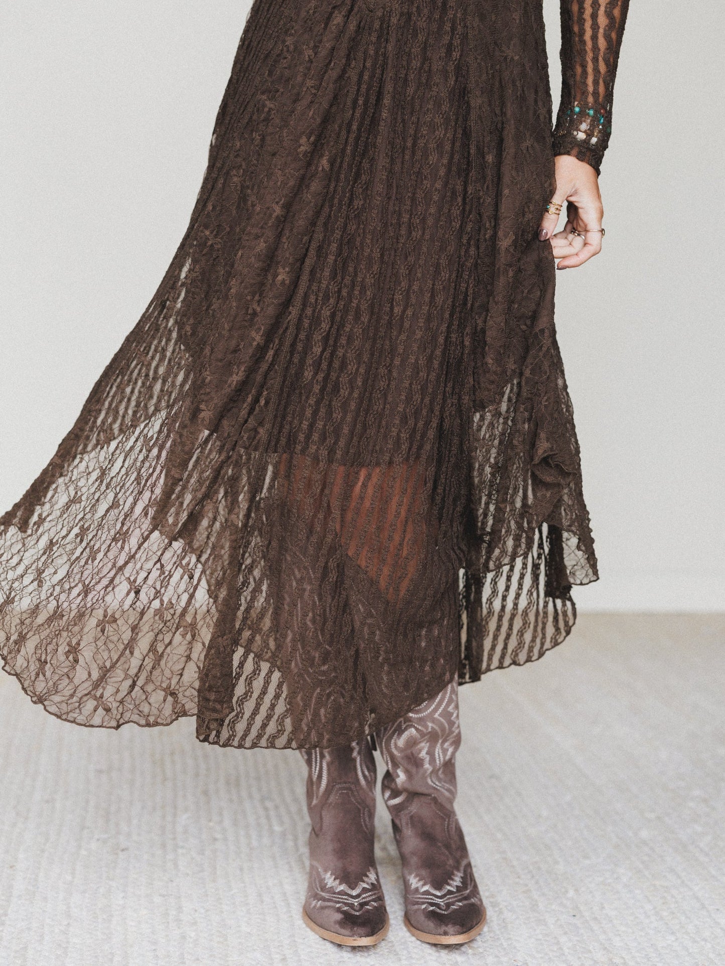 Lace Story Long Sleeve Midi Dress - Chocolate