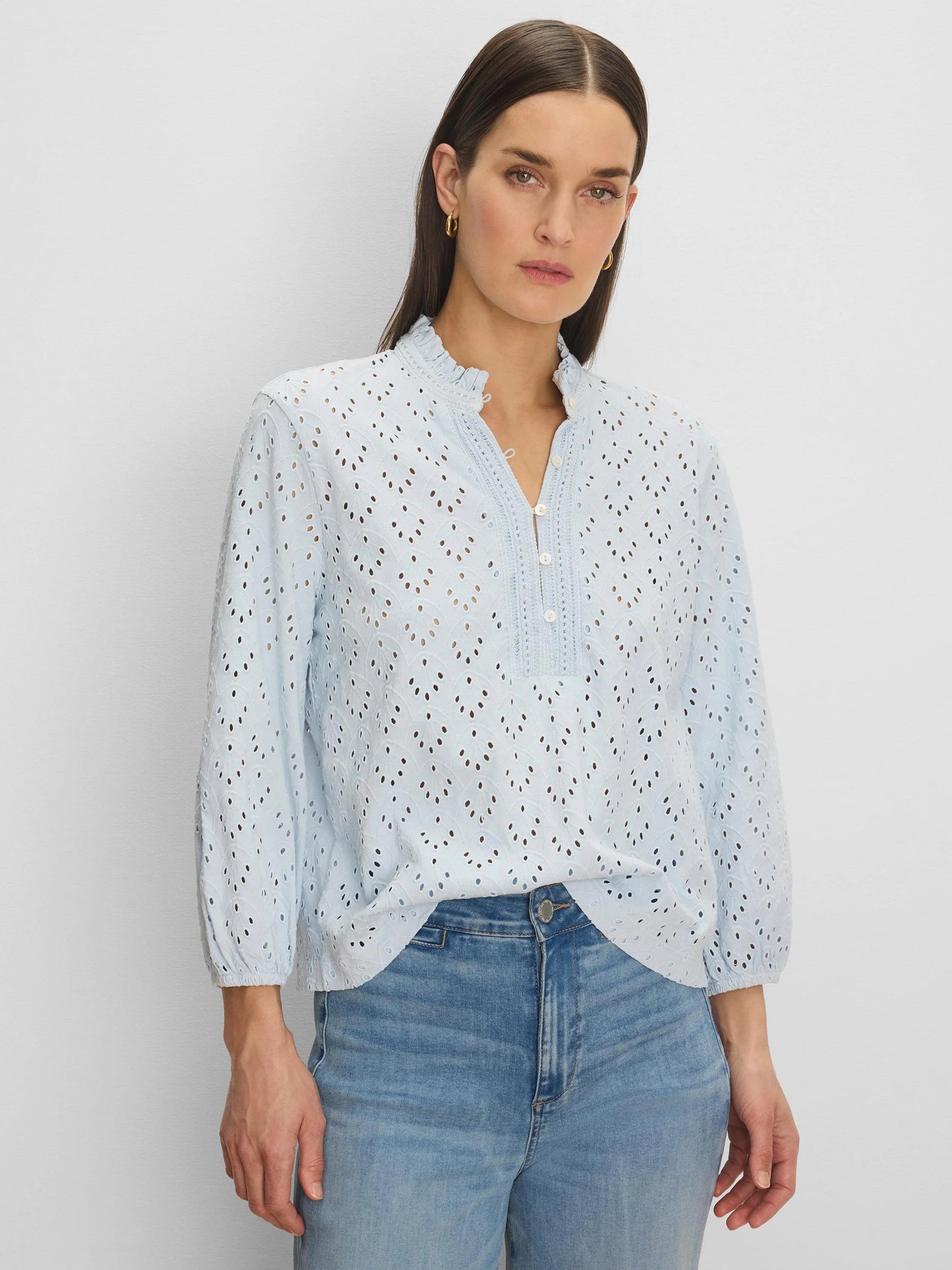 Knit Eyelet Ruffle Neck Top