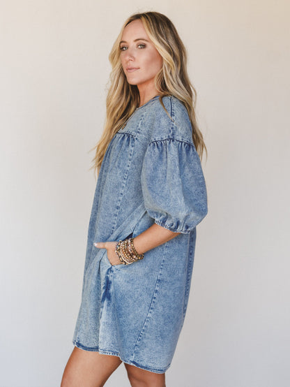 Denim Lover Puff Sleeve Dress - Indigo