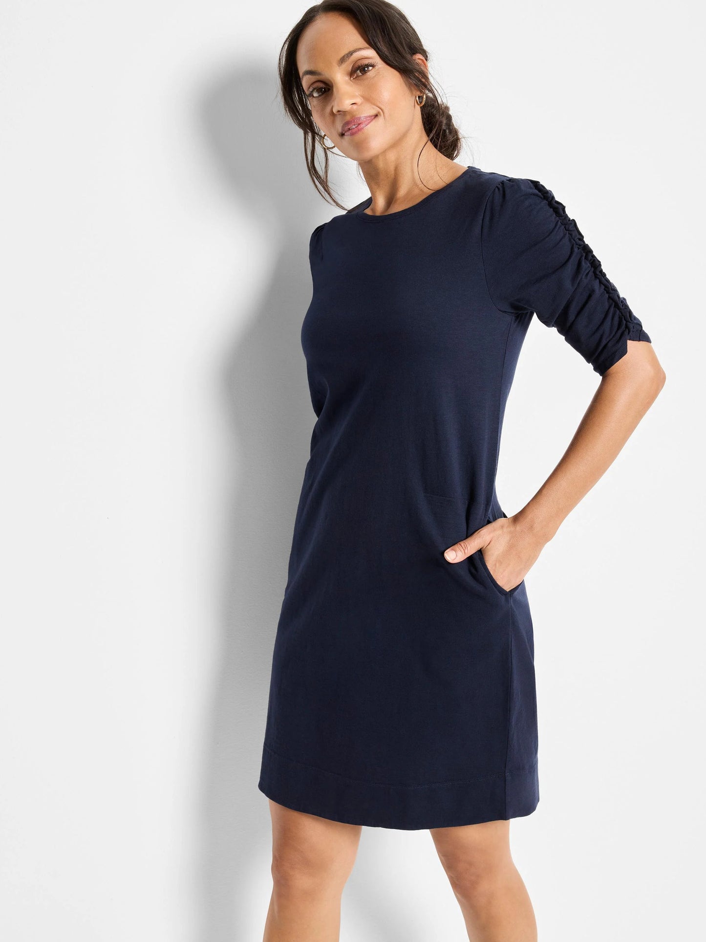 NZT Ruched Elbow Sleeve Dress