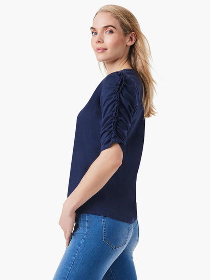 NZT Ruched Elbow Sleeve Split Neck Top
