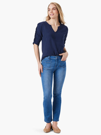NZT Ruched Elbow Sleeve Split Neck Top