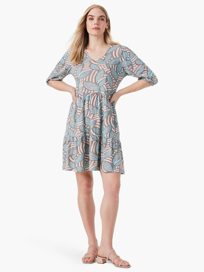 NZT Mosaic Fern Elbow Sleeve V-Neck Dress