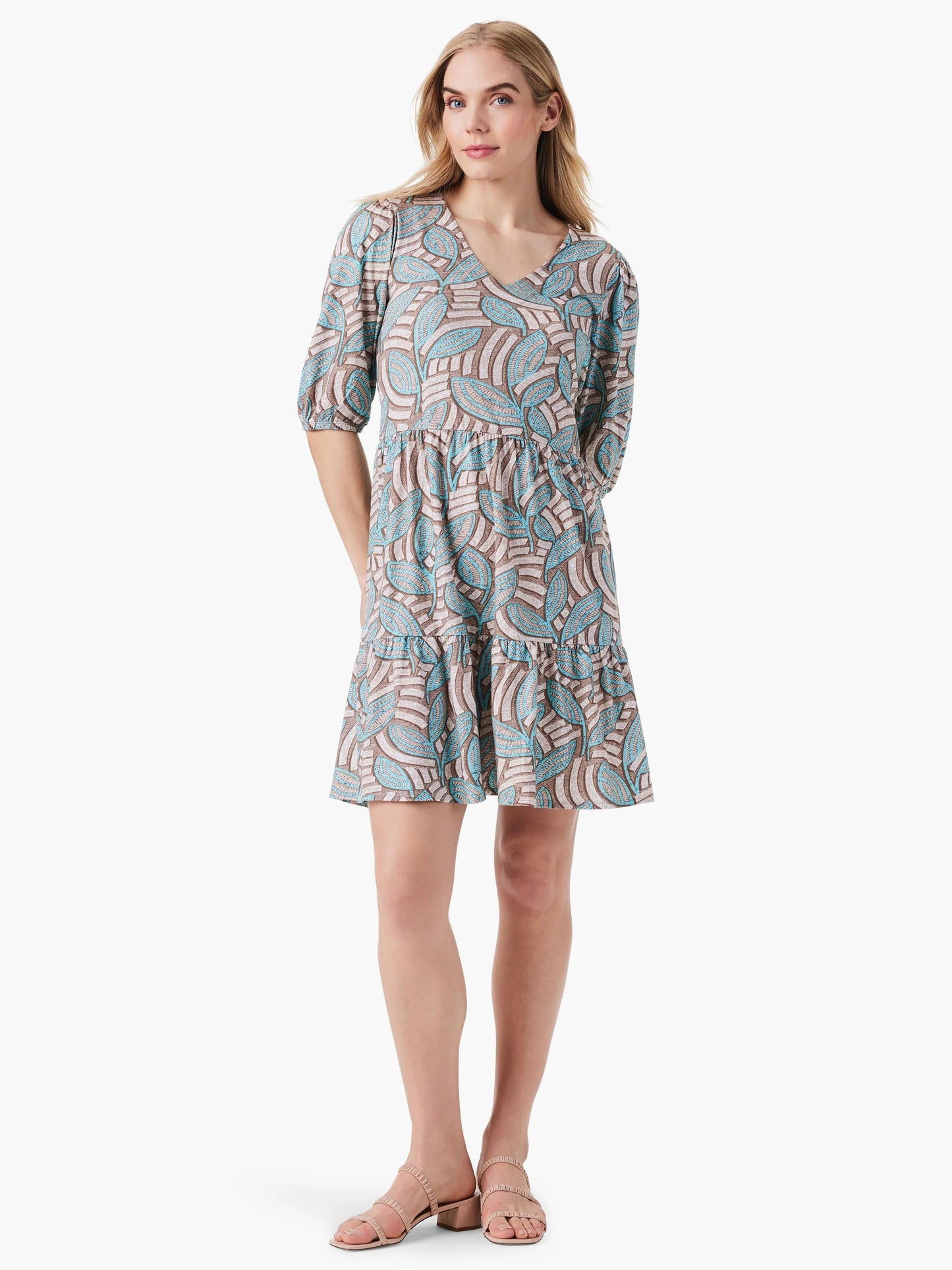 NZT Mosaic Fern Elbow Sleeve V-Neck Dress