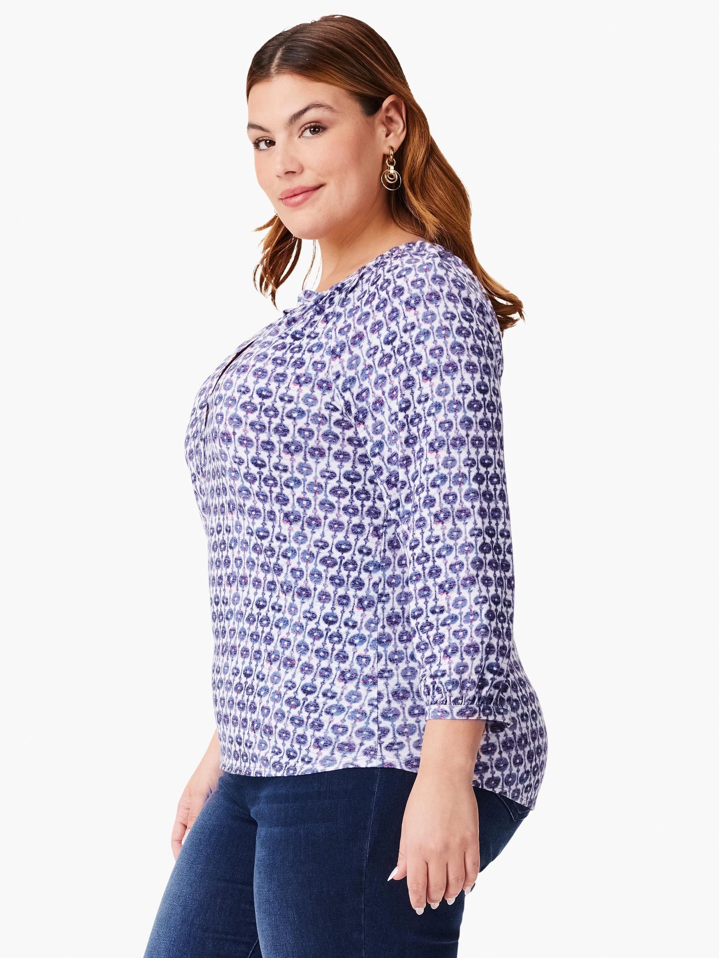 NZT Mixed Medallion 3/4 Sleeve Split Top