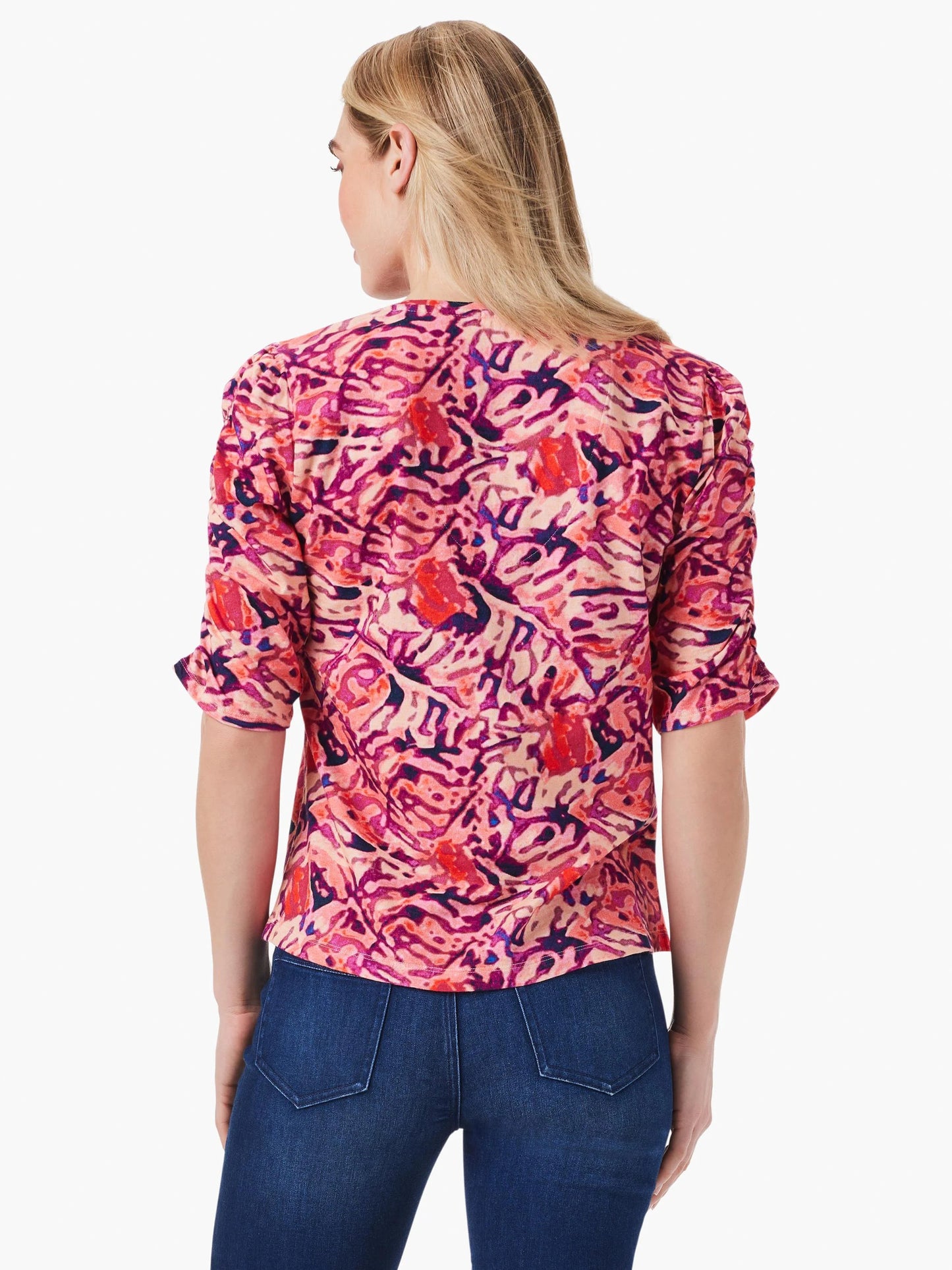 NZT Floral Ruched Elbow Sleeve Split Top
