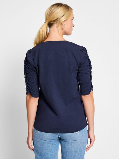 NZT Ruched Elbow Sleeve Split Neck Tee