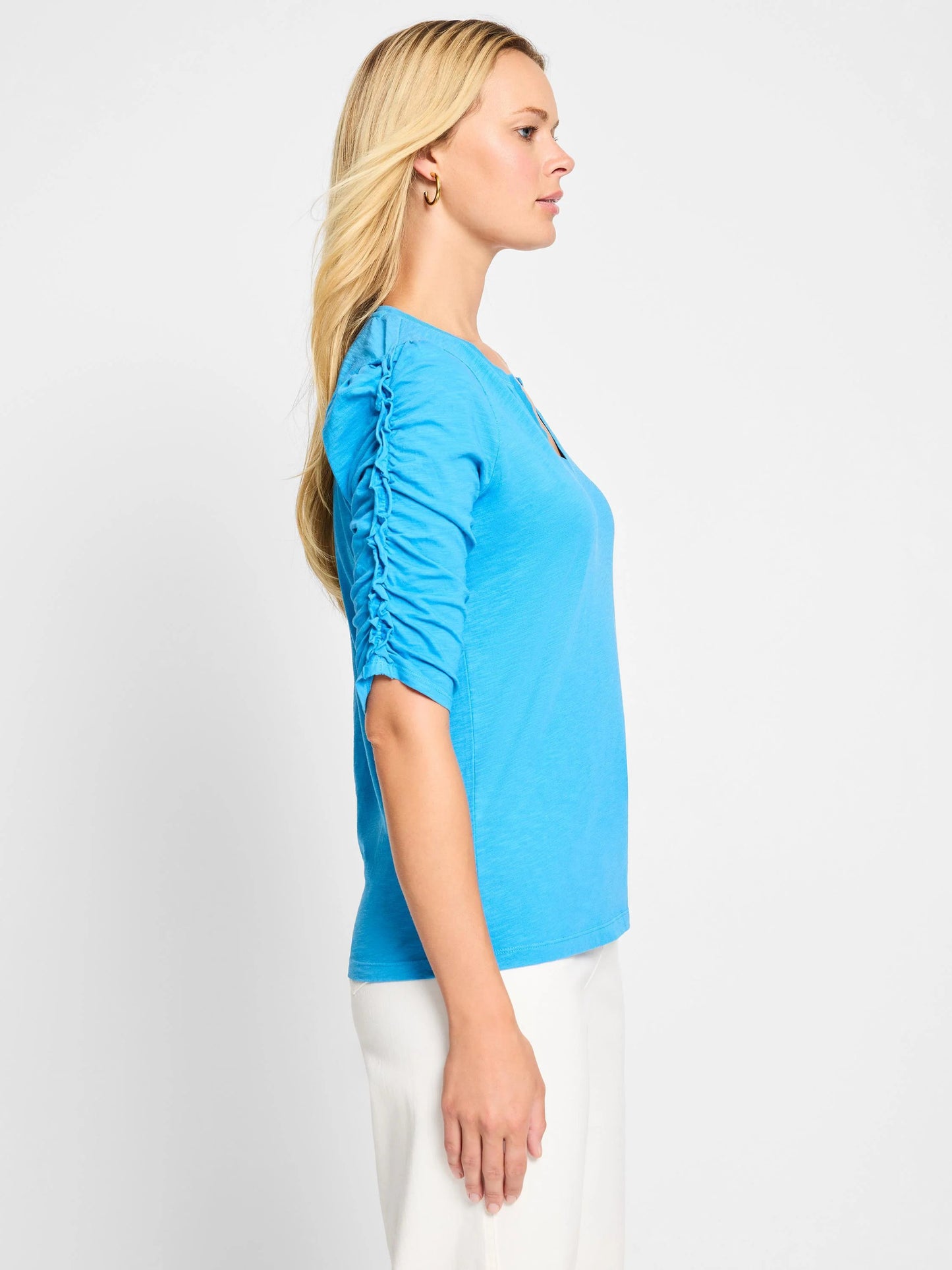 NZT Ruched Elbow Sleeve Split Neck Tee