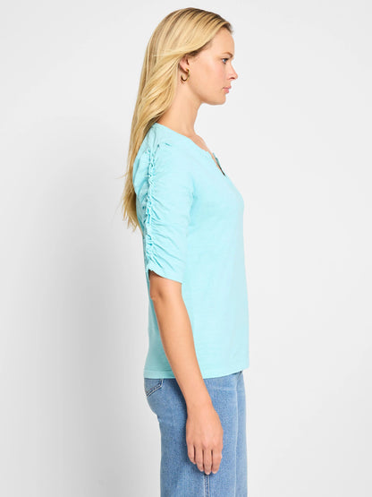 NZT Ruched Elbow Sleeve Split Neck Tee
