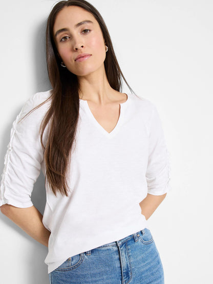 NZT Ruched Elbow Sleeve Split Neck Tee