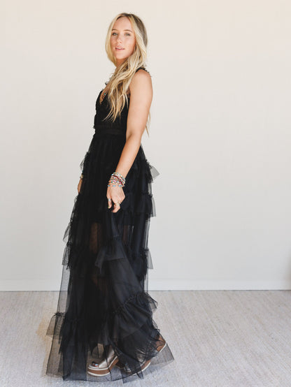 Isley Lace Tiered Maxi Dress - Black