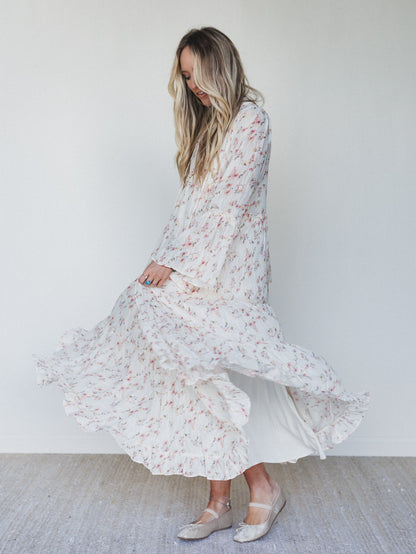 Vintage Petals Tiered Flare Maxi Dress - Cream Multi