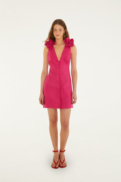 Pink 3d Flower Euroflax™ Premium Linen Mini Dress
