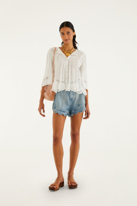 Light Denim Romantic Wavy Hem Shorts