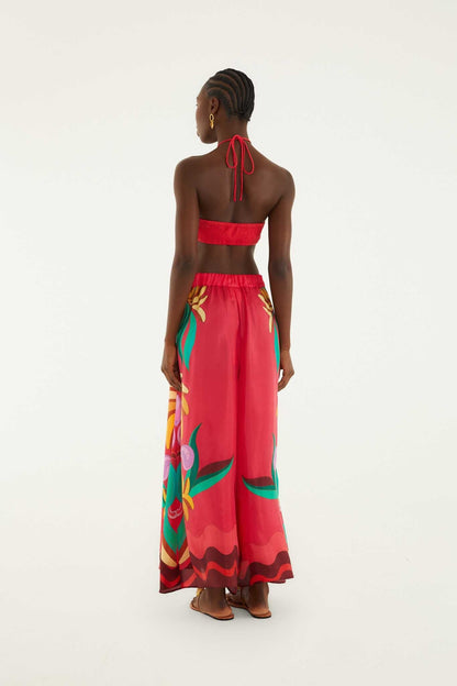 Multicolor Nature Beaded Tasssels Wide-Leg Pants