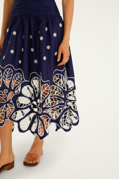 Navy Blue Embroidered Richelieu Midi Dress