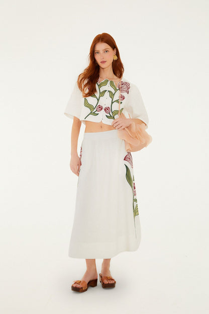 Off-White Flower Embroidered  Midi Skirt