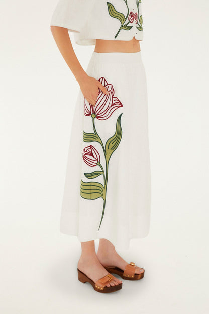 Off-White Flower Embroidered  Midi Skirt