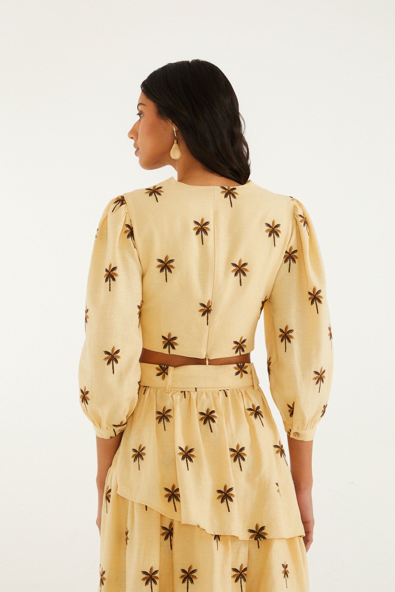 Sand Embroidered Trees Buckled Long Sleeve Crop Top