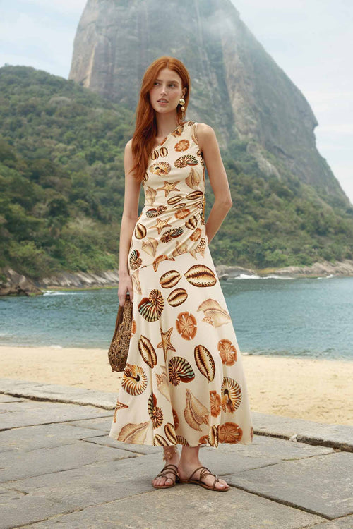 Sand Marine Shells Tassel One-Shoulder Maxi Dress