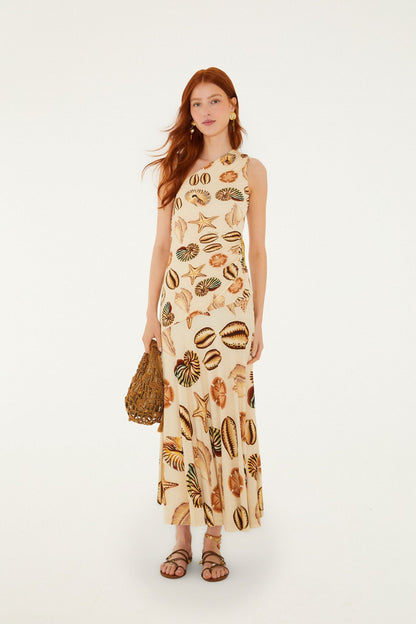 Sand Marine Shells Tassel One-Shoulder Maxi Dress