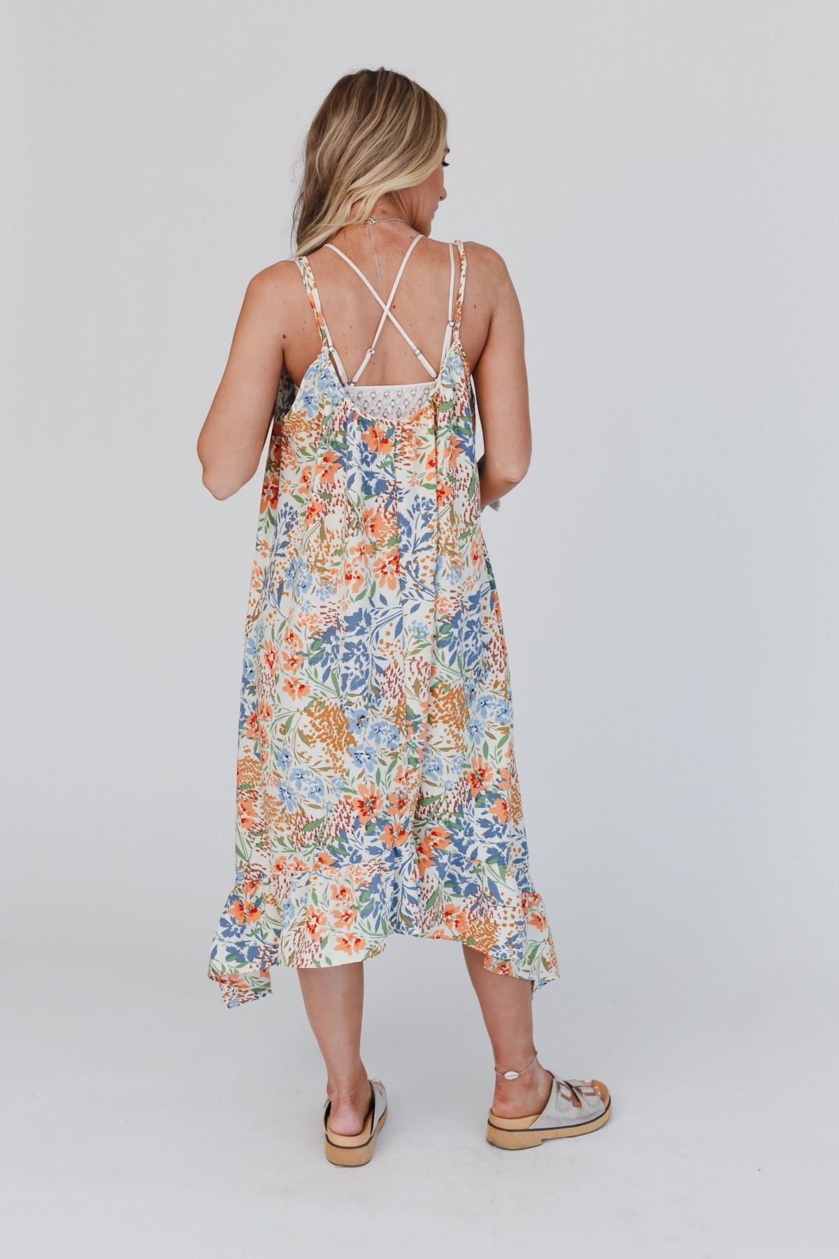 The Nest Ellie Ruffle Midi Dress - Brown Floral