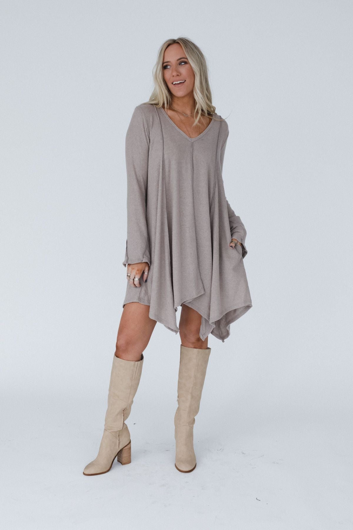 The Nest Golden Hour Long Bell Sleeve Tunic Dress - Latte